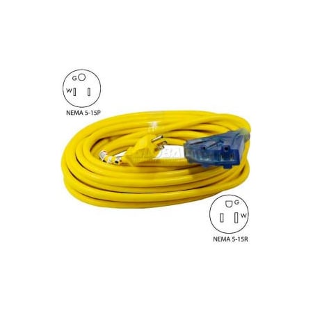 Conntek SJTW Extension Cord, 12 AWG, Outdoor, 12/3, 3 Outlets, 5-15R, Yellow, 5-15P, 50 ft 20411-050